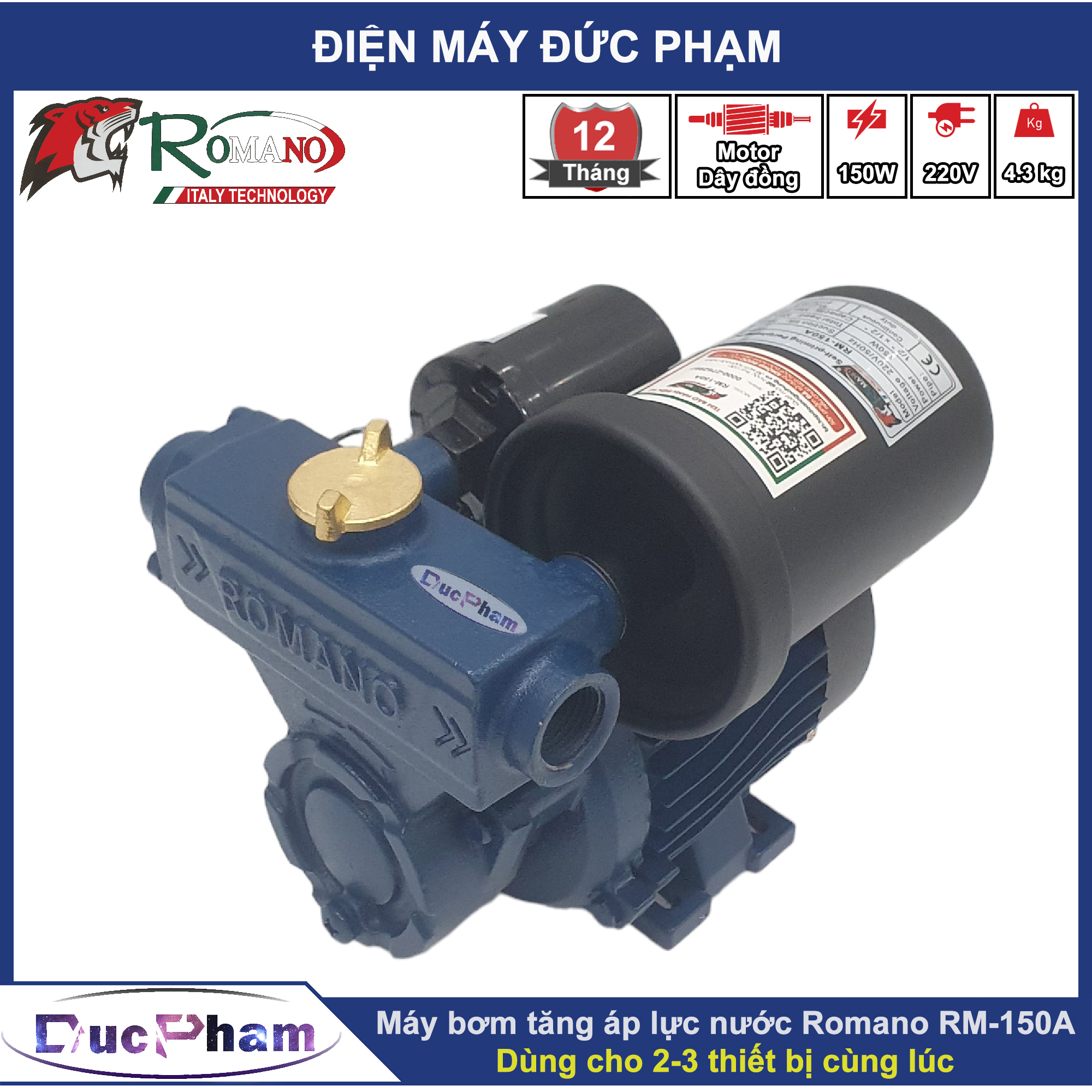 Máy bơm tăng áp Romano RM-150A ( Dùng cho 2-3 thiết bị cùng lúc )